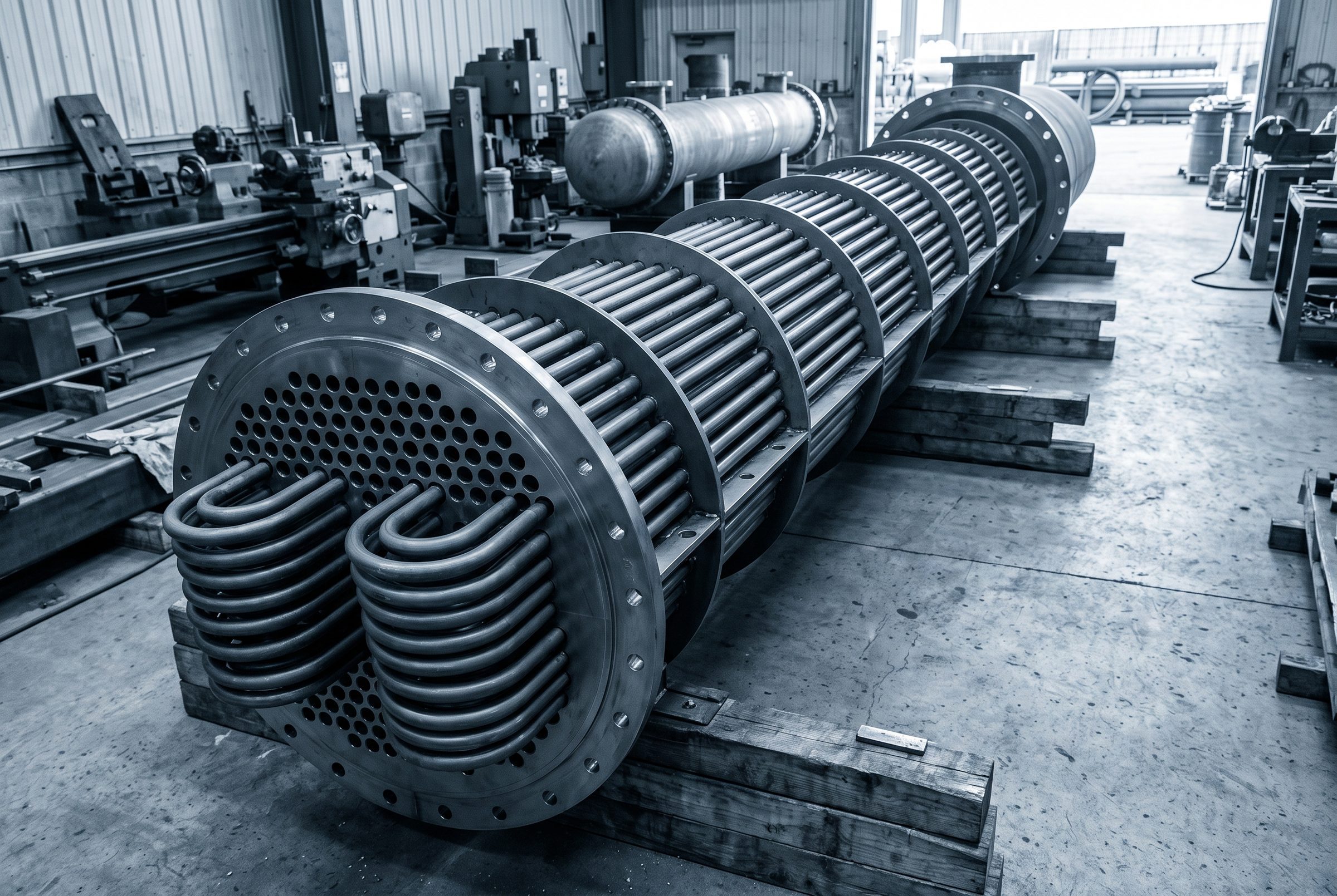 Heat exchanger U-tube bundle outside its shell