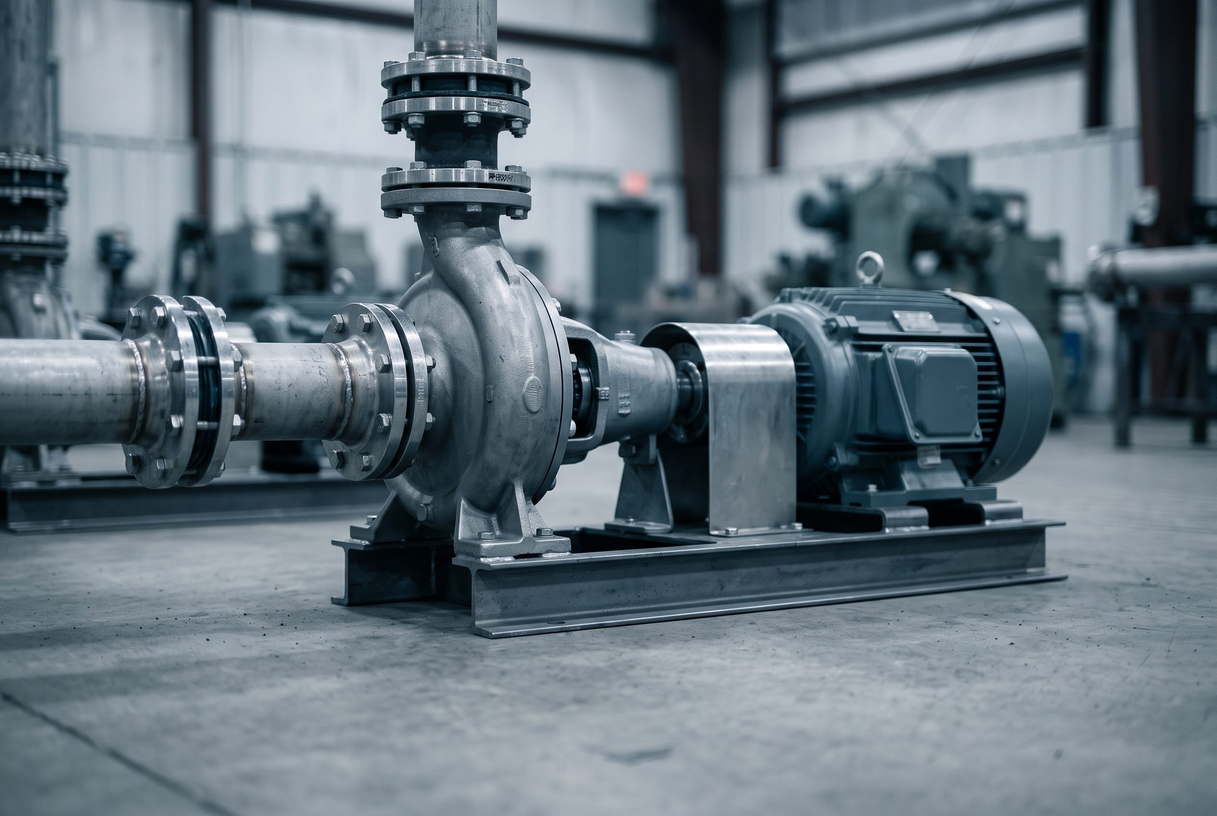 Horizontal centrifugal pump coupled to an electric motor on a baseplate