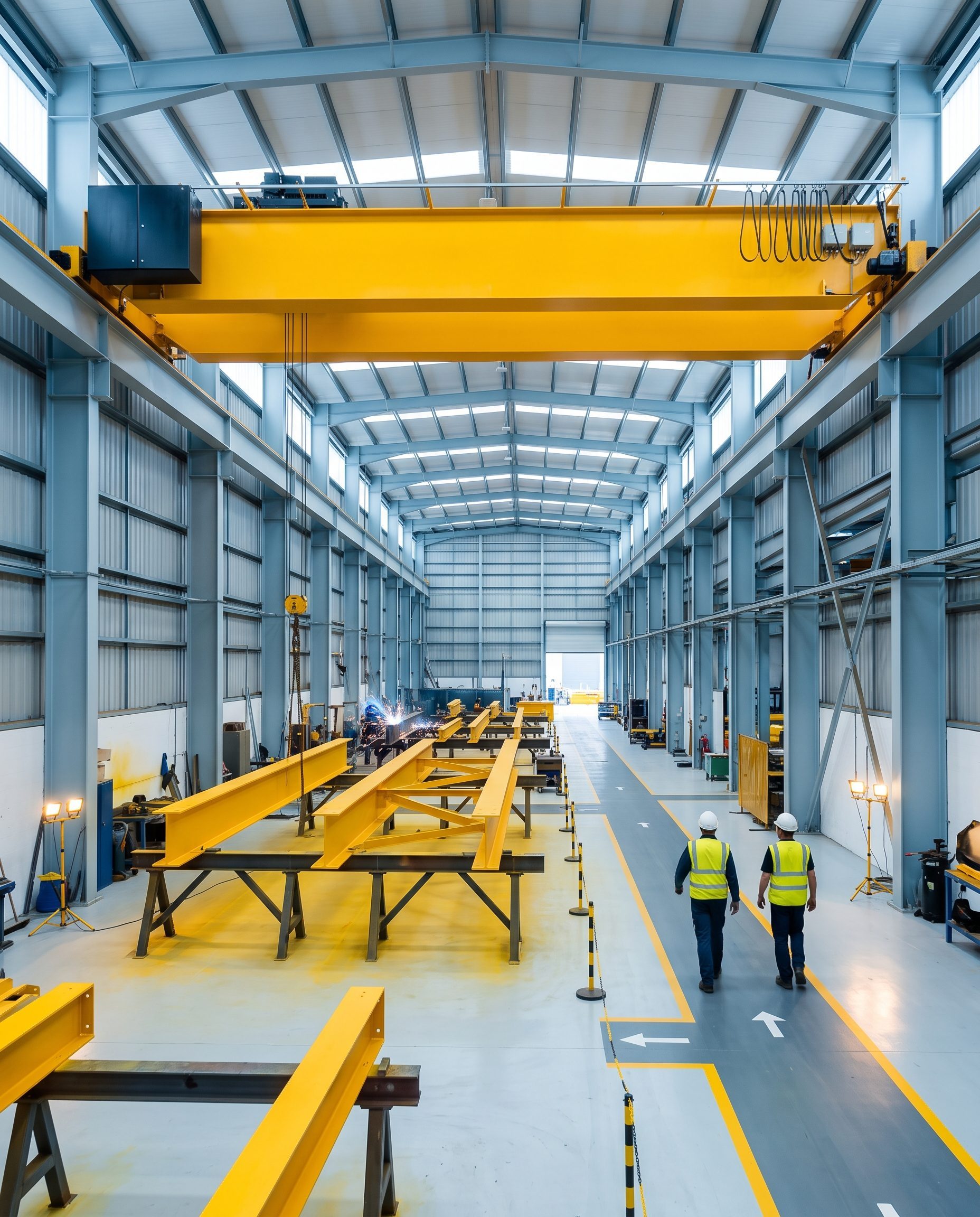 Fabrication bay with girders under assembly and an overhead crane above them