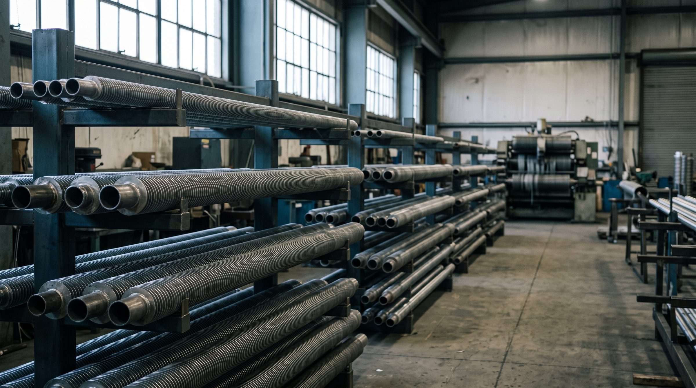 Finned tubes stored on workshop racking