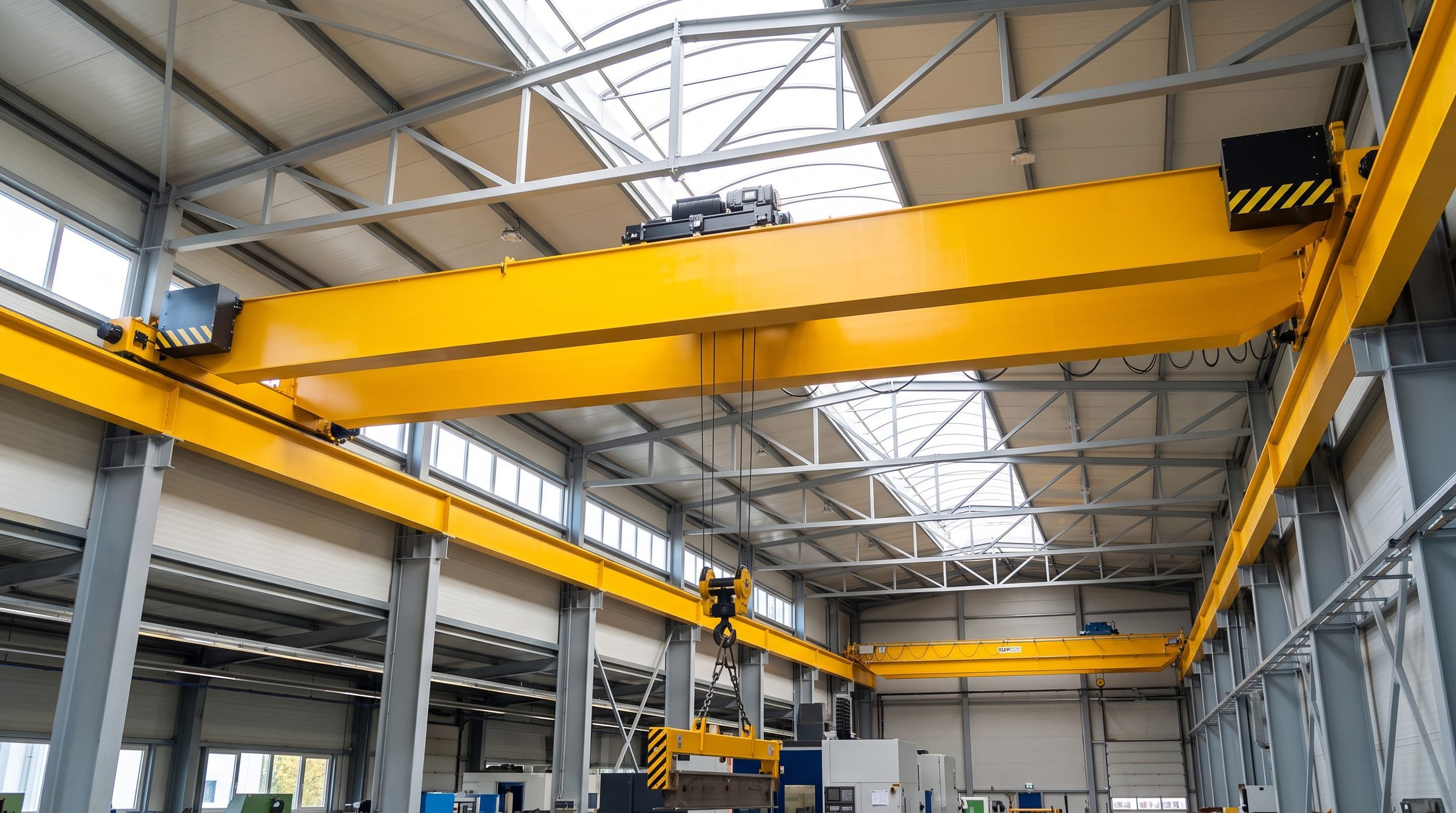 Double girder overhead crane on runway beams in an industrial bay