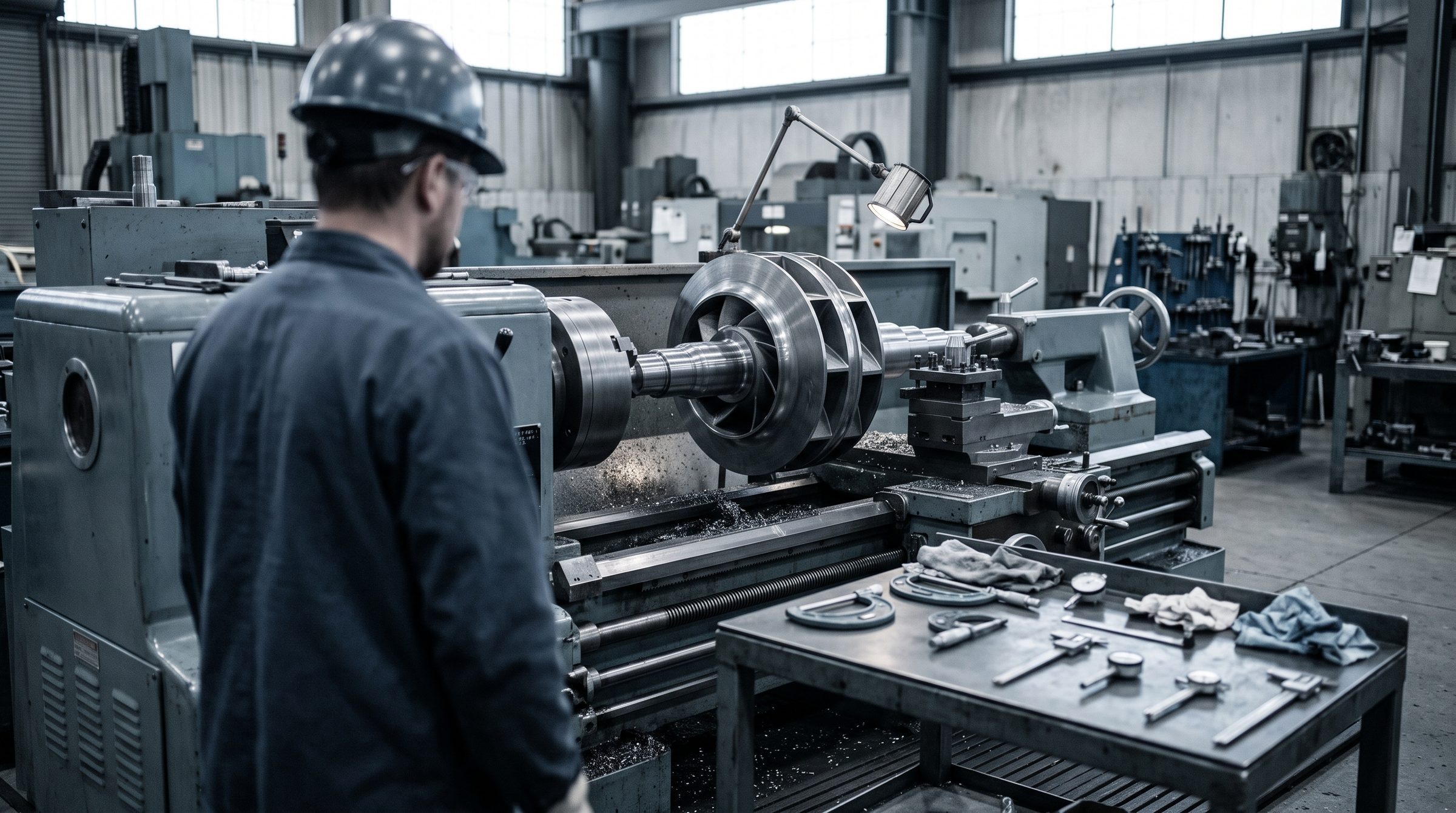 Centrifugal pump rotor being machined on a workshop lathe